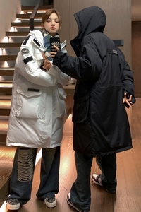 中性风冬装 美式工装中长款棉服情侣连帽棉衣宽松外套男H915 P168图片