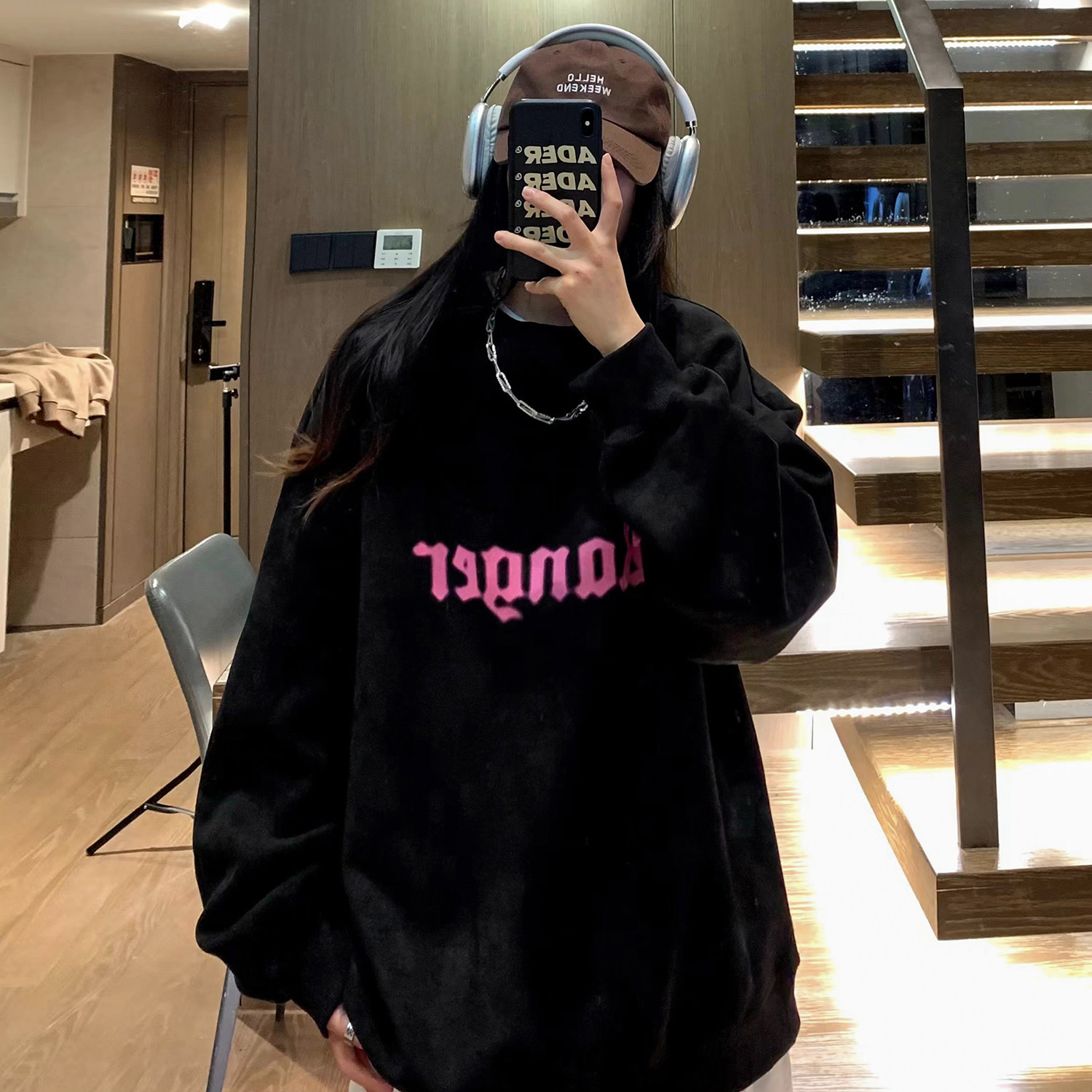 中性风 美式秋装鹿皮绒加厚加绒情侣卫衣结构上衣外套男女H899P68图片