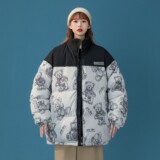 中性风冬装涂鸦熊卡通拼接情侣棉衣加厚外套H691P128女类，女装棉衣/棉服，电商A341
