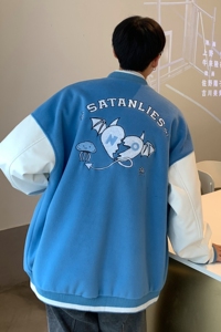 主推 港风毛呢拼接PU皮棒球服毛巾绣情侣夹克外套棉衣H678 P118男图片