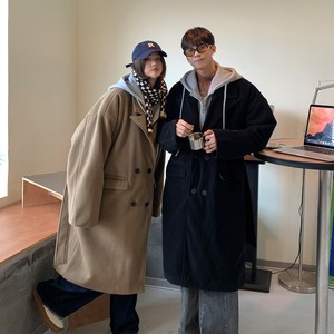 冬装 加厚夹棉假两件连帽过膝风衣情侣呢大衣外套 H699 P158 女类图片