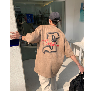情侣装高街潮设计鹿皮绒印花情侣短袖T恤上衣男 H828 P35控48图片