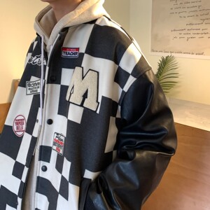 港风春装 潮牌黑白格棒球服情侣夹克外套H684 P118 控148男图片