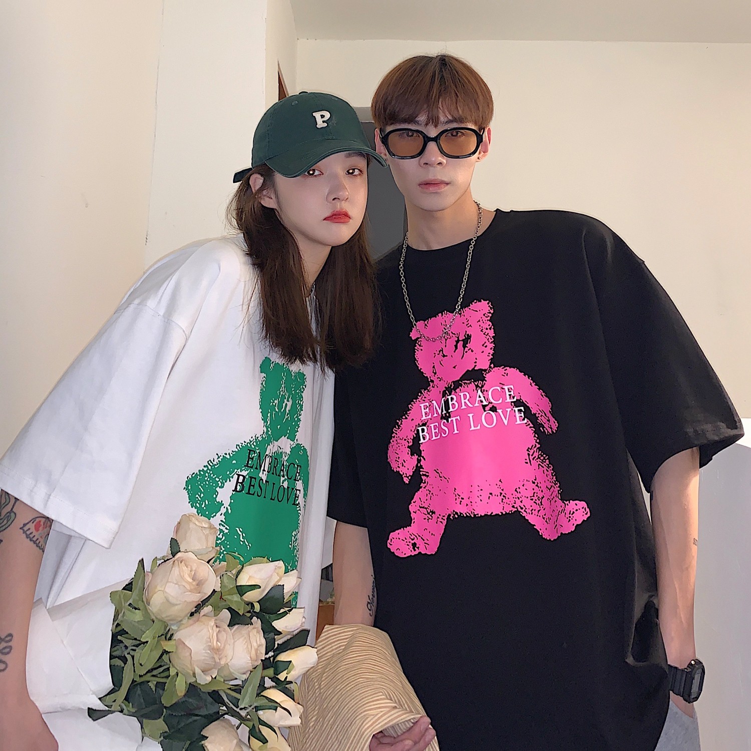情侣装夏装手绘小熊印花情侣短袖T恤ins宽松半袖H720P30女类,男装T恤,电商A341