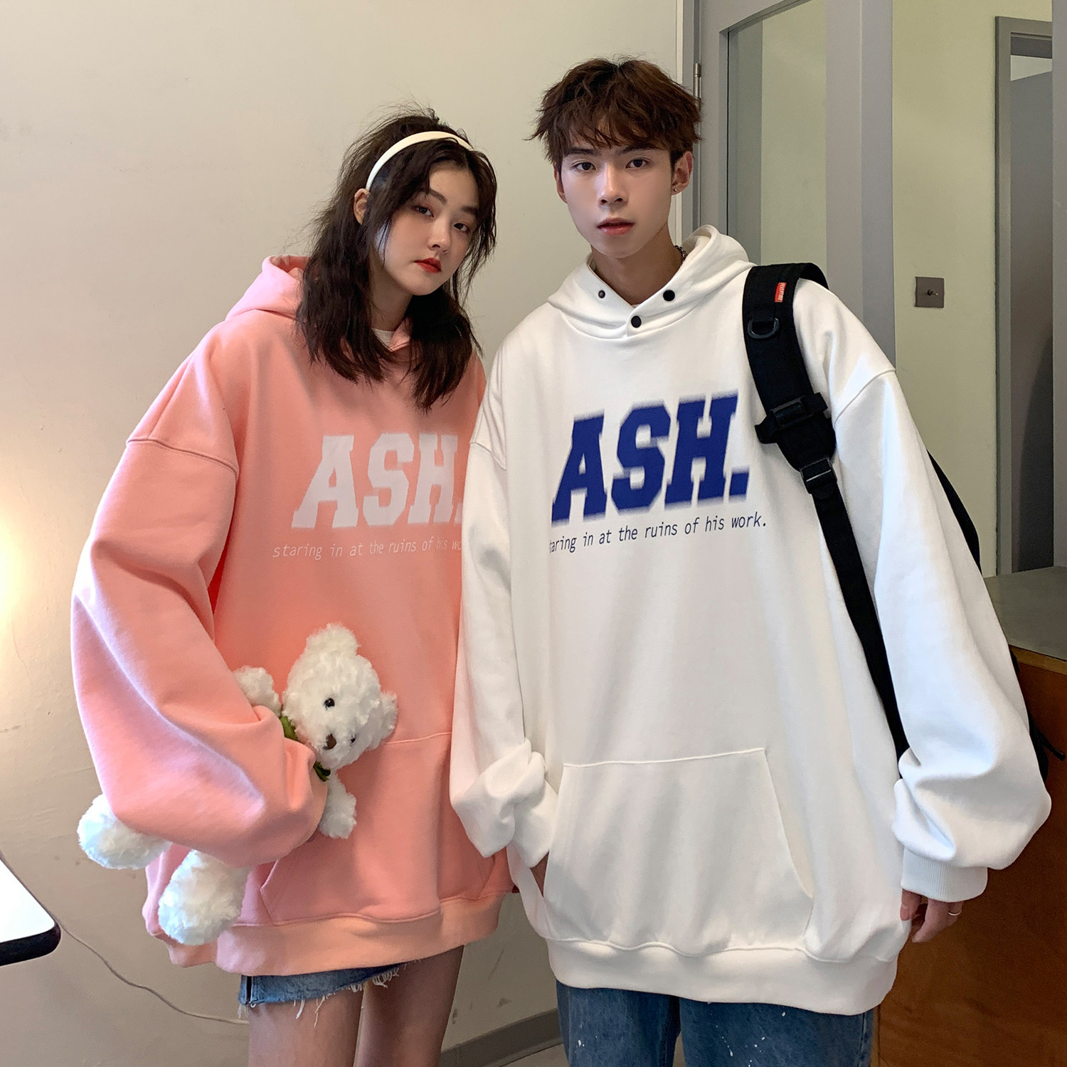 情侣装春装潮排扣印花连帽卫衣宽松嘻哈情侣卫衣H705P68男类,男装卫衣,电商A341