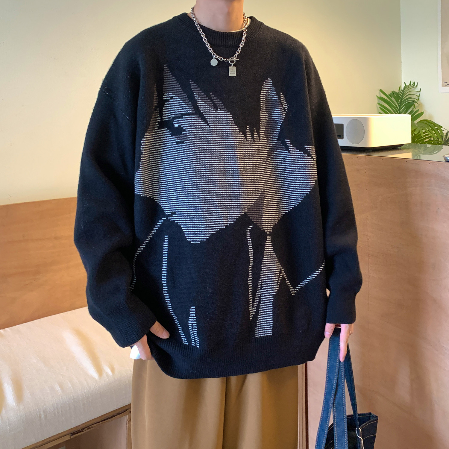 主推 港风潮卡通动漫圆领套头针织情侣毛衣 H675 P78 男类图片