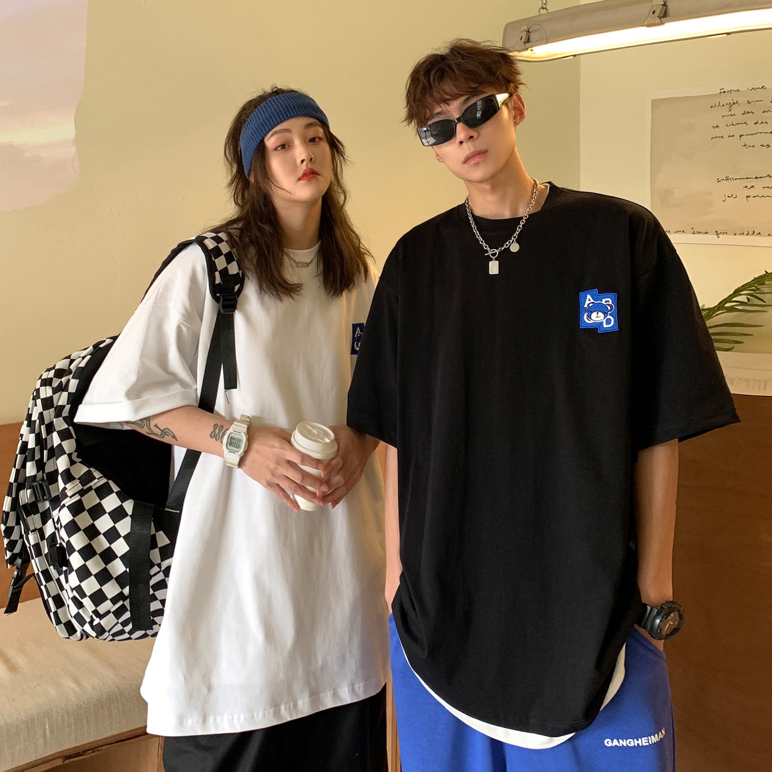 2022情侣装夏装绣花卡通字母情侣短袖T恤宽松上衣H713P30女类,男装T恤,电商A341