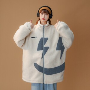 中性冬装 绣花笑脸羊羔毛情侣棉衣加厚外套 H679 P118控148女类图片