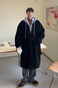 港风冬装 加厚夹棉假两件连帽过膝风衣呢大衣外套 H699 P158 男类图片
