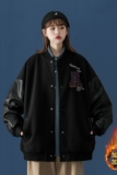 中性风冬装PU皮拼接呢料棒球服情侣棉衣加厚外套H572-1P125女，男装夹克，电商A341