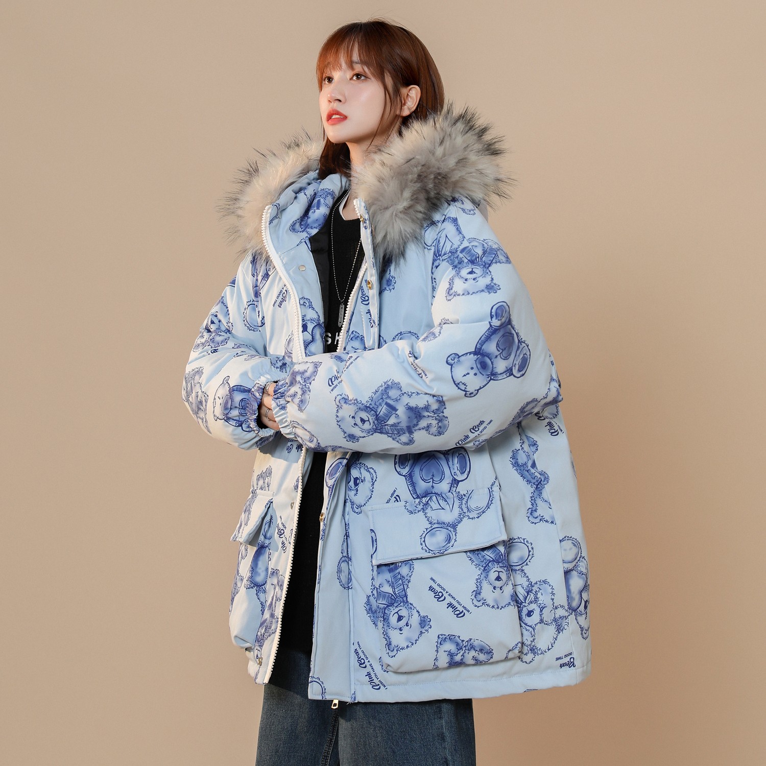 中性风冬装手绘熊大毛领加厚情侣棉衣面包服H698P138女类,女装棉衣/棉服,电商A341