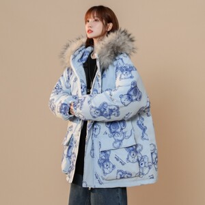 中性风冬装 手绘熊大毛领加厚情侣棉衣面包服 H698 P138女类图片