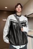 美式复古拼接pu机车服情侣加厚皮衣夹克棉衣外套男女H897P118，男装夹克，电商A341