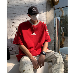 主推 复古杠条织带运动型情侣短袖T恤衫重磅插肩袖体恤H825 P38男图片