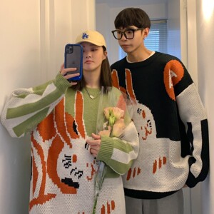 主推港风秋冬装 卡通提花情侣毛衣针织衫外套H674 P48 控68男类图片