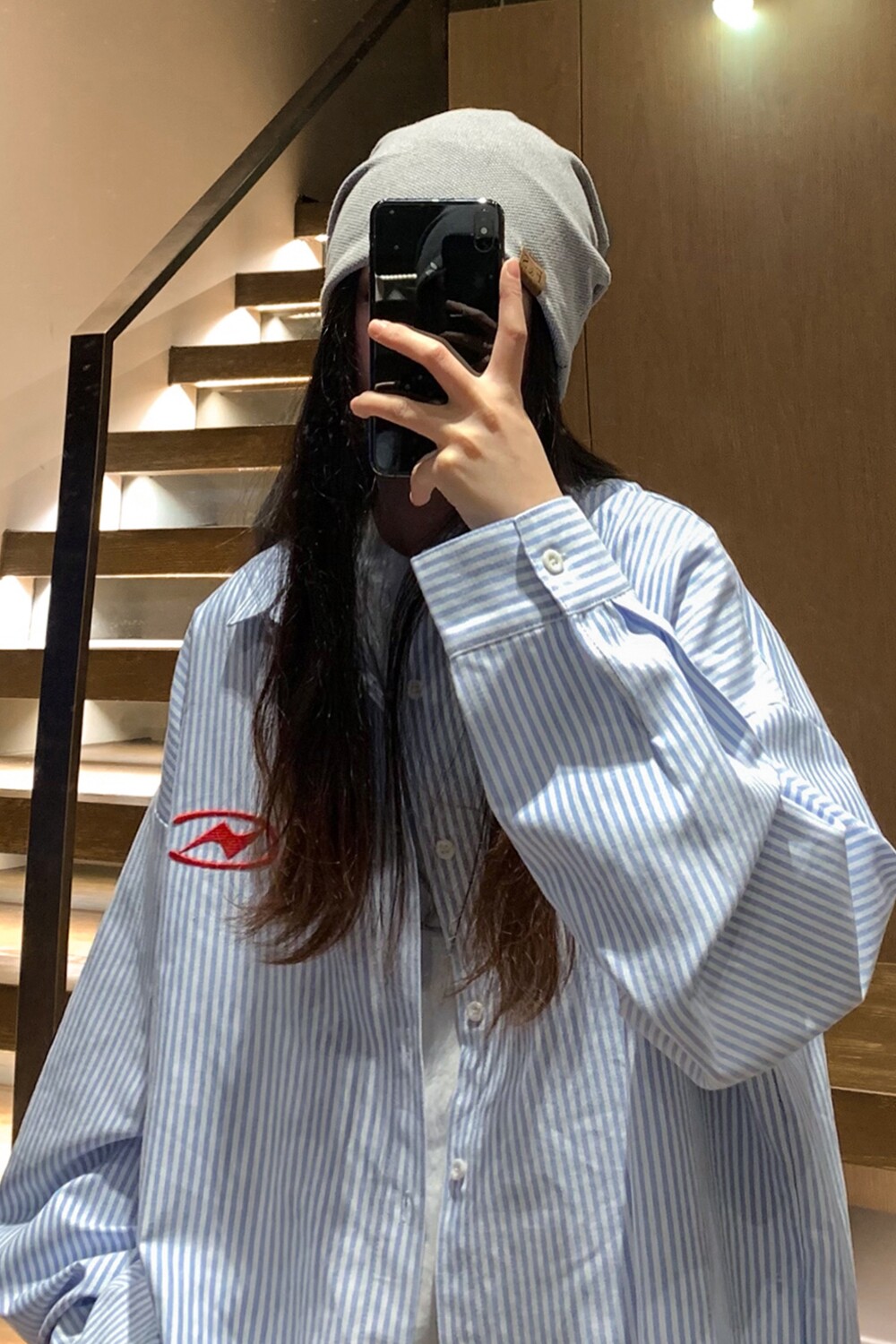 中性秋装美式ins宽松情侣浅蓝色条纹刺绣衬衫外套男女H874P58,男装衬衫,电商A341