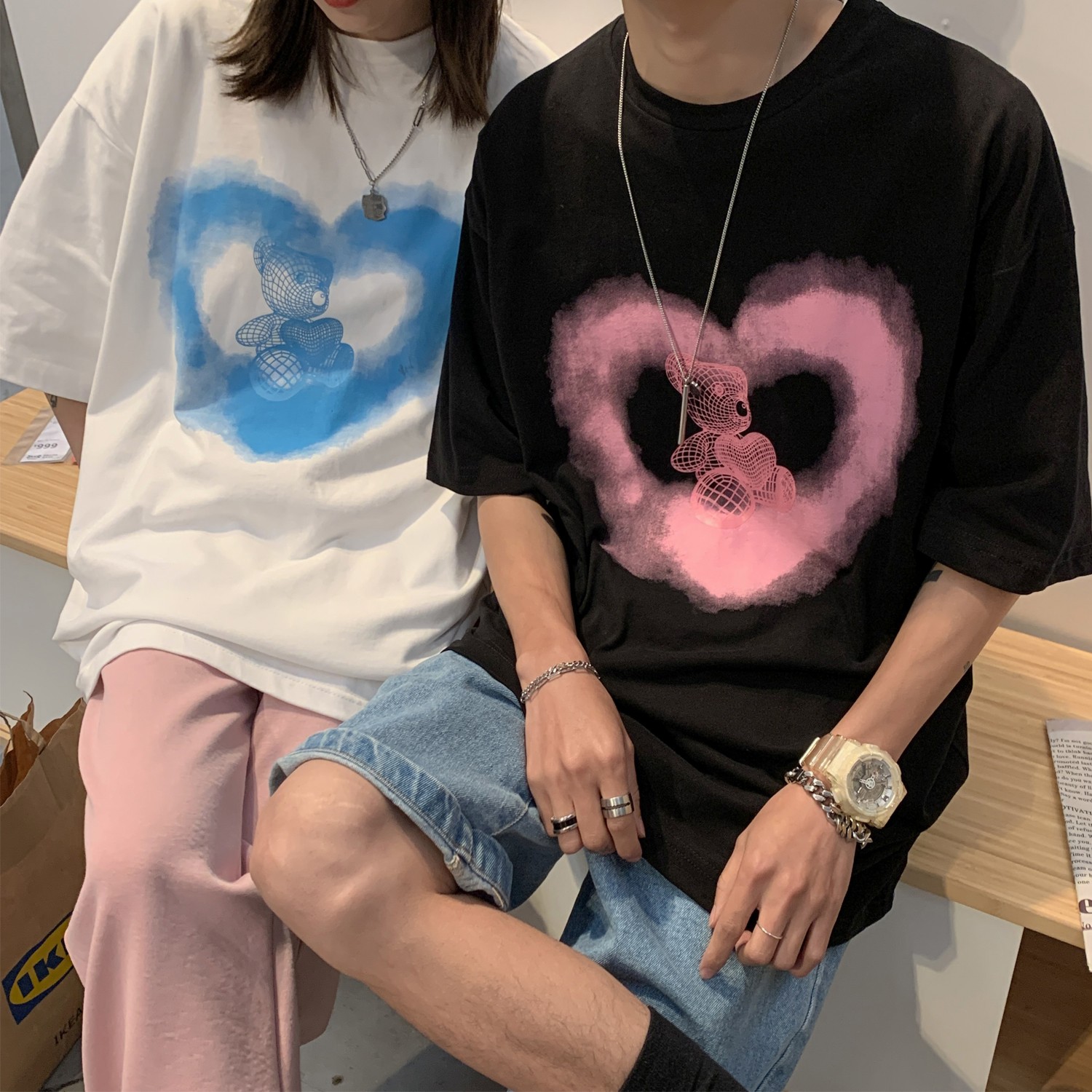 情侣装夏潮流纯短袖卡通爱心宽松圆领情侣t恤H626P30女类,女装T恤,电商A341