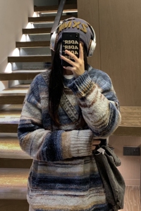 中性风 美式复古慵懒风圆领套头情侣毛衣撞色针织衫男女 H907 P78图片