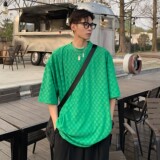 港风夏装棋盘格bv绿情侣短袖T恤衫宽松大码上衣H729P40女类，男装T恤，电商A341