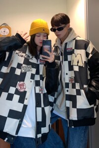 港风秋装 潮牌黑白格棒球服情侣夹克外套H684 P118 控148女图片