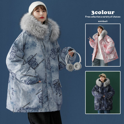 中性風(fēng)冬裝涂鴉熊大毛領(lǐng)加厚情侶棉衣oversize外套H577P138女類，女裝羽絨服，電商A341