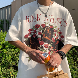 港风夏装 复古玫瑰花印花短袖T恤衫大码宽松 H743 P30男类图片