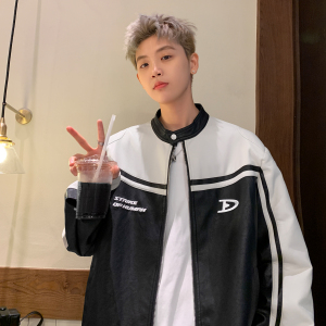 主推 美式复古拼接pu机车服情侣加厚皮衣夹克棉衣外套男H897 P118图片