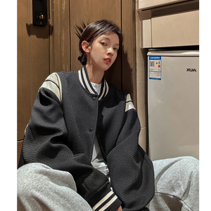 主推中性 小香风棒球服撞色拼接PU皮外套复古夹克男女H873 P108图片