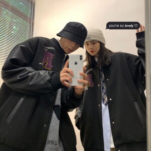 情侣装秋装 毛呢拼接PU皮棒球服情侣夹克外套 H572 P118 男类图片