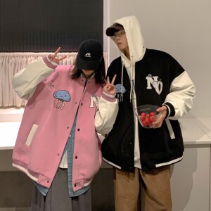 主推 情侣装毛呢拼接PU皮棒球服毛巾绣情侣夹克H678 P118男类图片