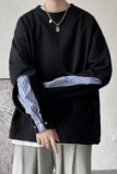 短句双层袖口拼接条纹假两件套头长袖卫衣外套H659P45控58，男装卫衣，电商A341