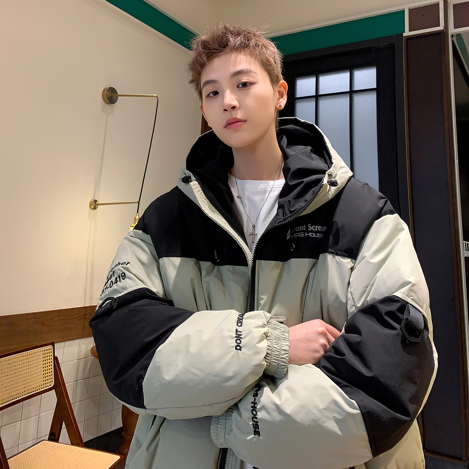 冬装新品 美式撞色工装冲锋衣情侣棉服面包服连帽外套男H911 P138图片