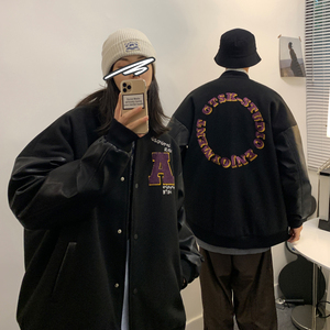情侣装秋季 毛呢拼接PU皮棒球服夹克情侣开衫外套 H572 P118女类图片