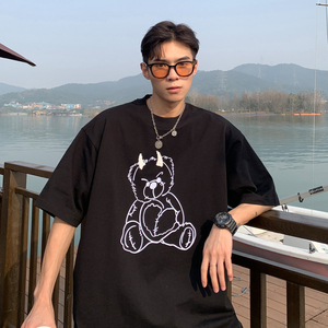 港风夏装 小熊印花珍珠烫钻情侣短袖T恤大码上衣 H732 P35 男类图片