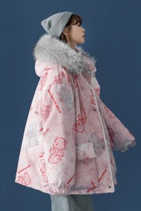 中性风 冬装涂鸦熊大毛领加厚情侣棉衣oversize外套H577 P138女类图片