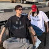 情侣装夏装字母印花笑脸情侣短袖T恤衫上衣大码H730P30女类，男装T恤，电商A341