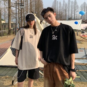2022情侣装夏装 鹿皮绒印花情侣短袖t恤宽松上衣 H731 P35 女类图片