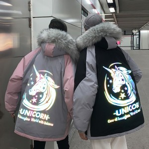 港风冬装 拼色反光独角兽大毛领连帽情侣棉衣 H596 P148 女类图片