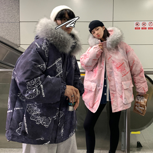 情侣装冬装 涂鸦熊大毛领加厚情侣棉衣外套 H577 P138控168男类图片