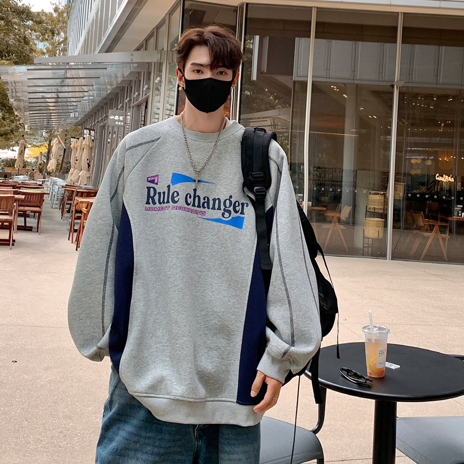 港风秋装 复古球衣机车明线拼接印花情侣卫衣外套男 H875 P58图片