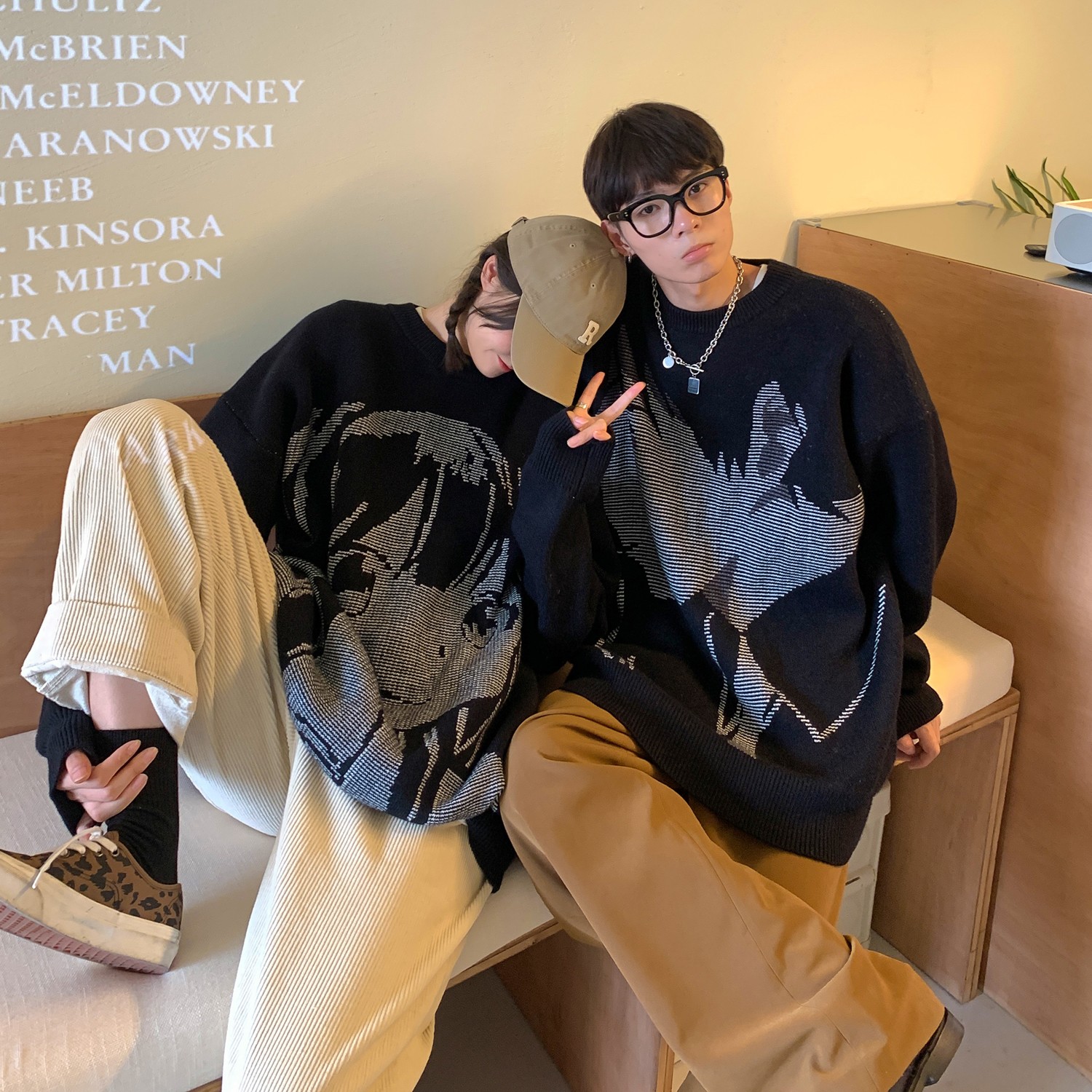 主推港风潮卡通动漫圆领套头针织情侣毛衣H675P78女类,针织衫/毛衣,电商A341