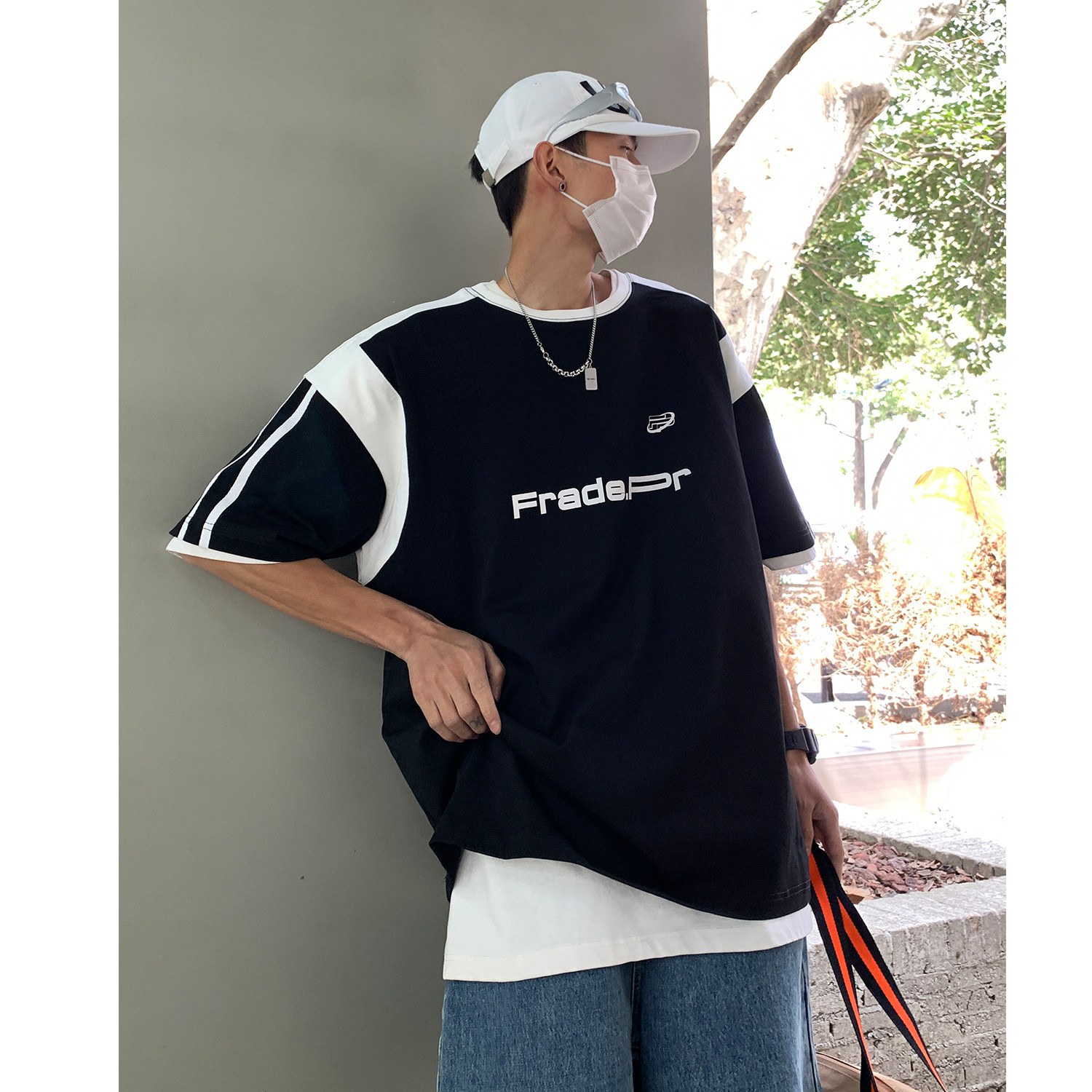 2023美式复古撞色拼接运动情侣短袖宽松T恤印花上衣H842P38,男装T恤,电商A341