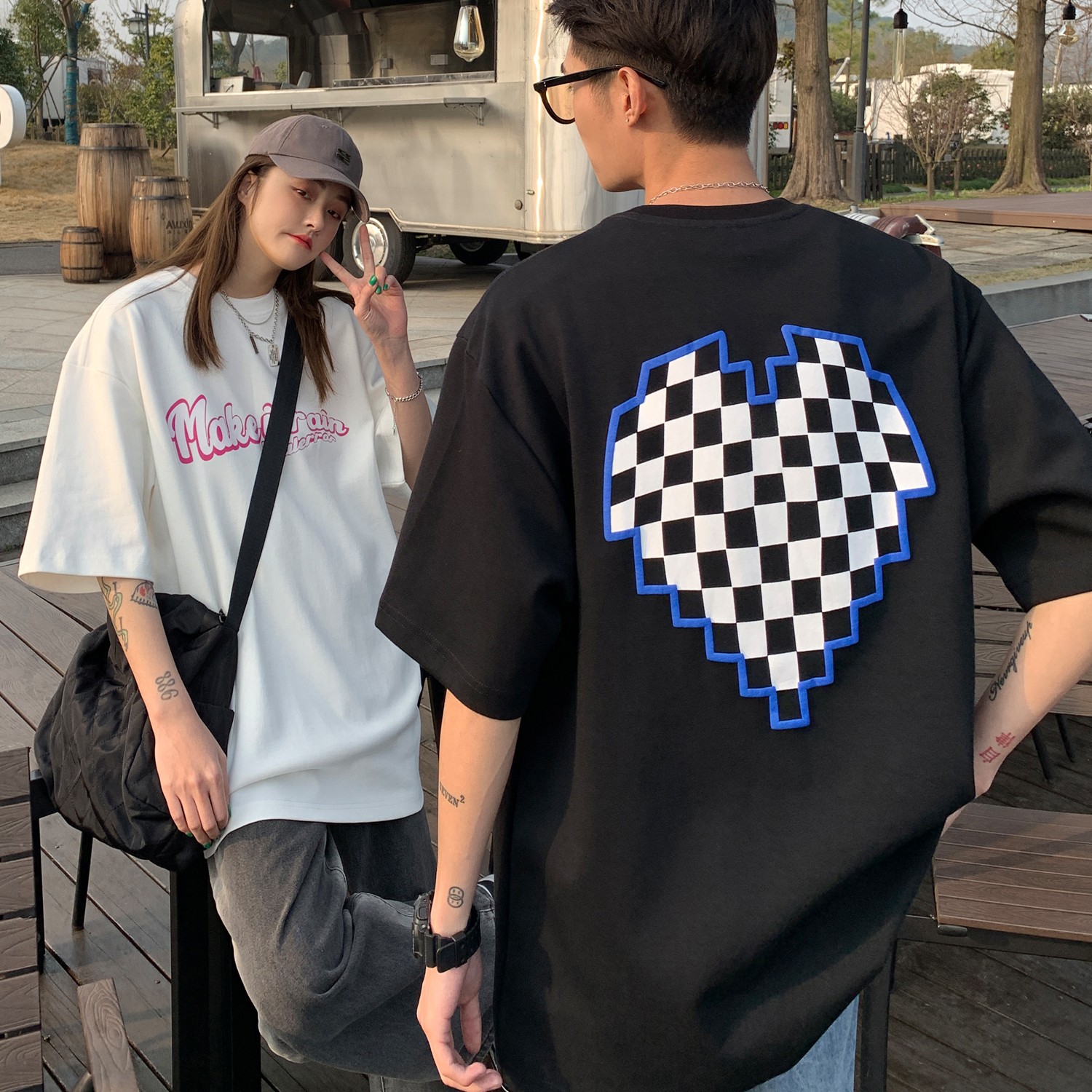 情侣装夏装棋盘格爱心印花情侣短袖T恤宽松大码H734P35女类,男装T恤,电商A341