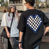 情侣装夏装棋盘格爱心印花情侣短袖T恤宽松大码H734P35女类，男装T恤，电商A341