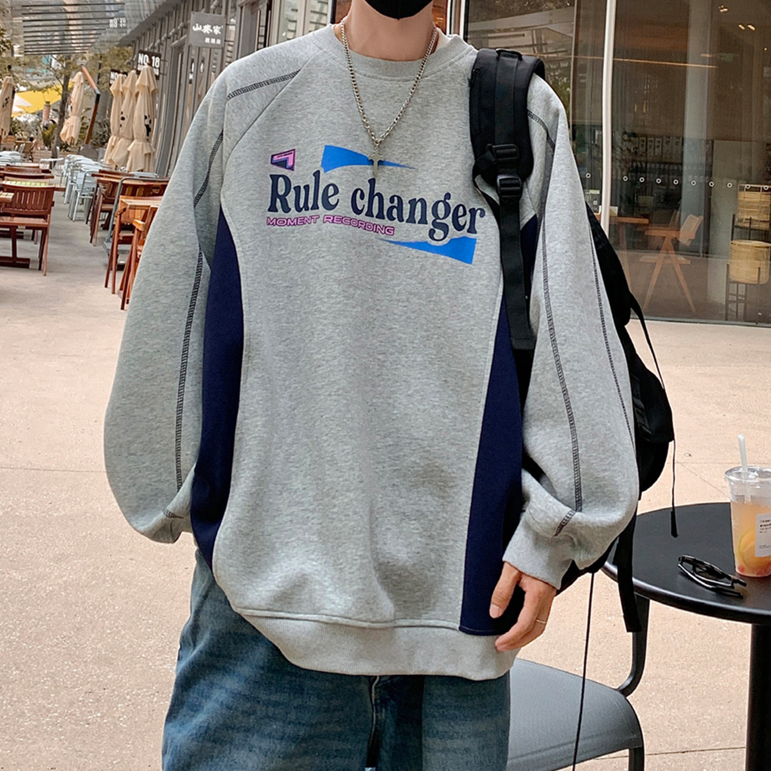 港风秋装复古球衣机车明线拼接印花情侣卫衣外套男H875P58,男装卫衣,电商A341