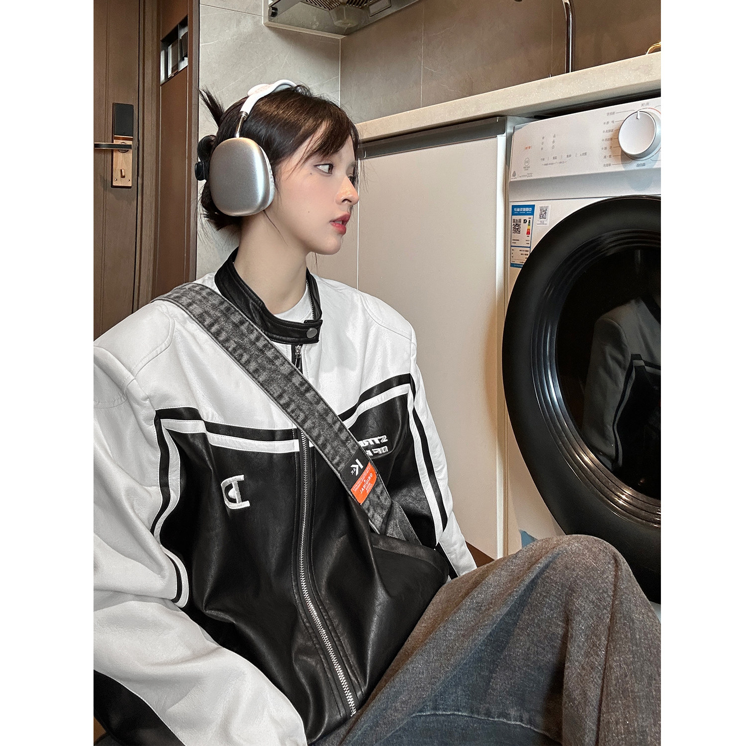美式复古拼接pu机车服情侣加厚皮衣夹克棉衣外套男女H897P118,男装夹克,电商A341