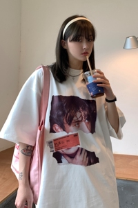 港风夏装 美式复古人像印花情侣短袖T恤衫宽松上衣 H740P30女类图片