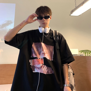 情侣装夏装 美式复古人像印花情侣短袖T恤衫宽松上衣 H740P30男类图片