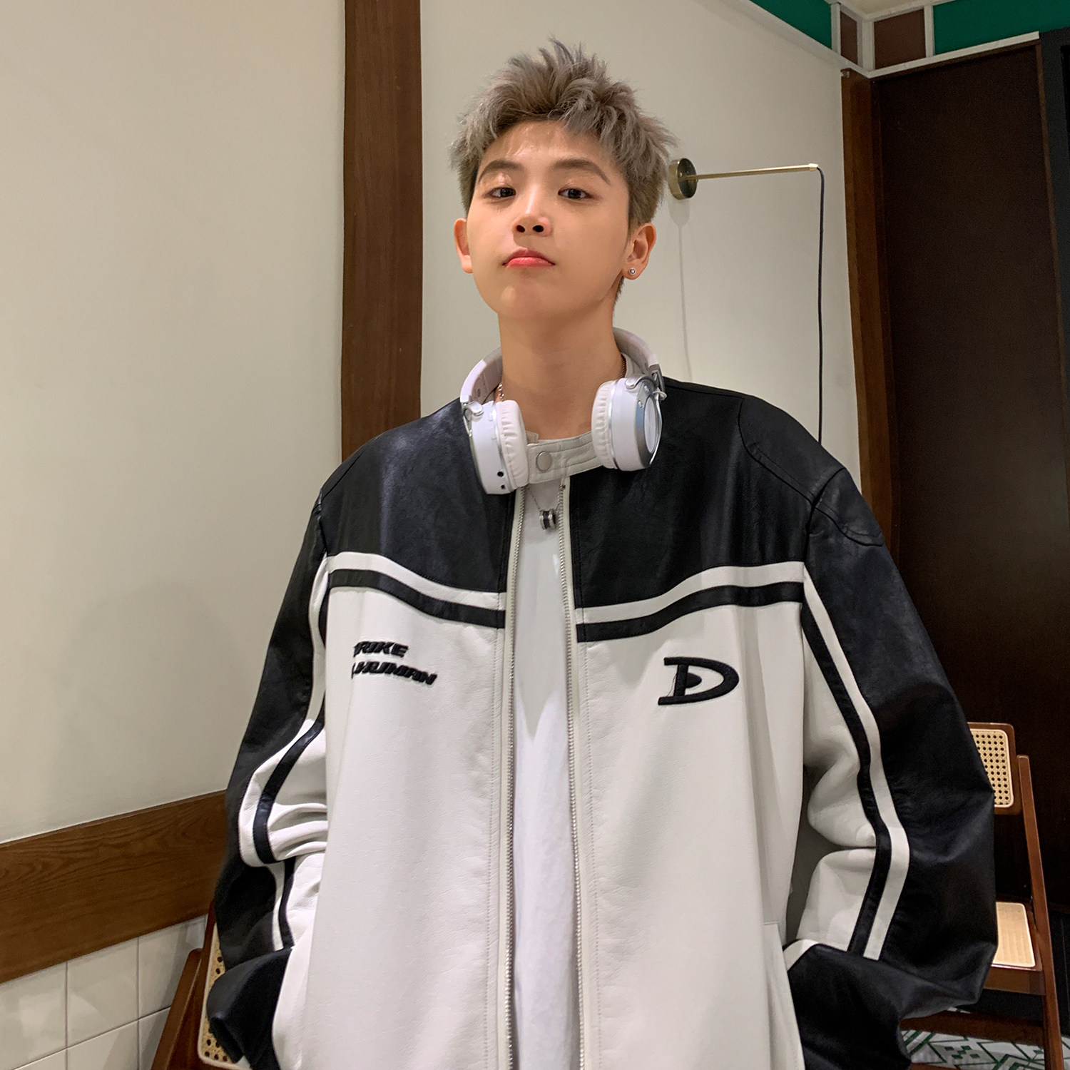 主推美式复古拼接pu机车服情侣加厚皮衣夹克棉衣外套男H897P118,男装夹克,电商A341
