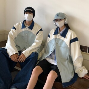 情侣装秋装 设计高级小众牛仔外套拼接皮情侣夹克 H755 P108 女图片
